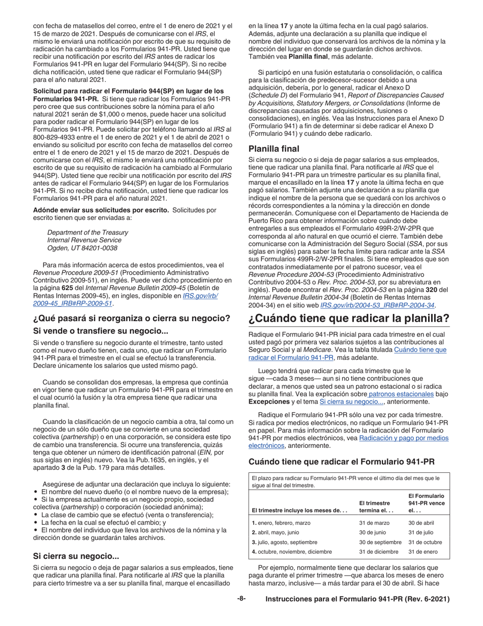 Instrucciones para IRS Formulario 941-PR Planilla Para La Declaracion Federal Trimestral Del Patrono (Puerto Rican Spanish), Page 8