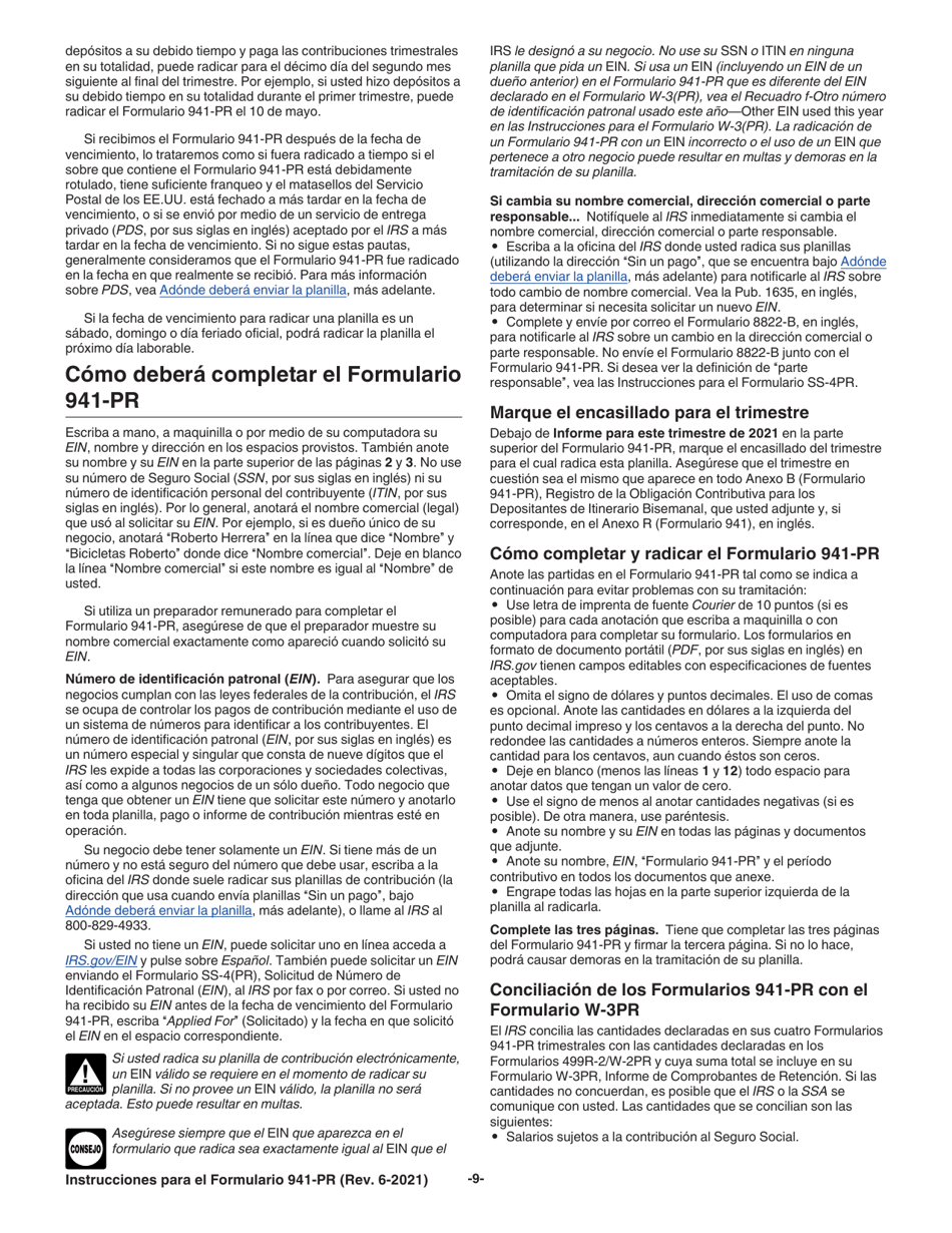 Instrucciones para IRS Formulario 941-PR Planilla Para La Declaracion Federal Trimestral Del Patrono (Puerto Rican Spanish), Page 9
