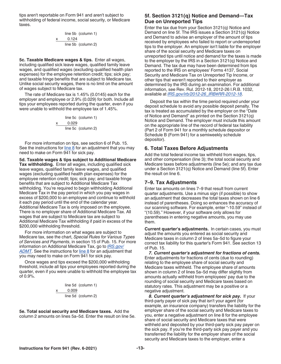 Instructions for IRS Form 941 Employers Quarterly Federal Tax Return, Page 13