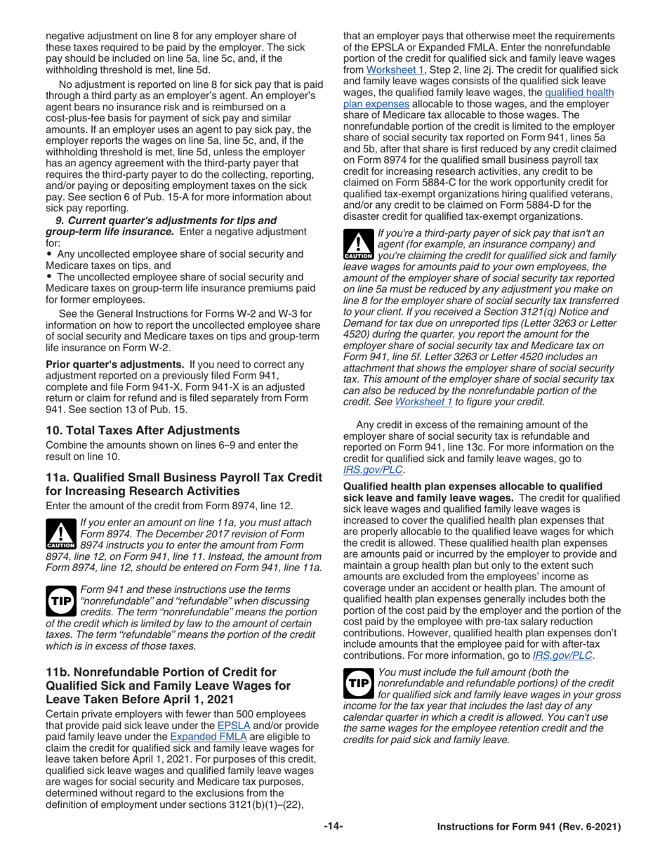 Instructions for IRS Form 941 Employers Quarterly Federal Tax Return, Page 14