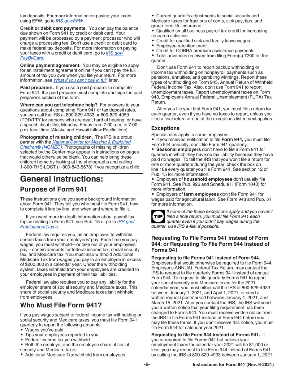 Instructions for IRS Form 941 Employers Quarterly Federal Tax Return, Page 6