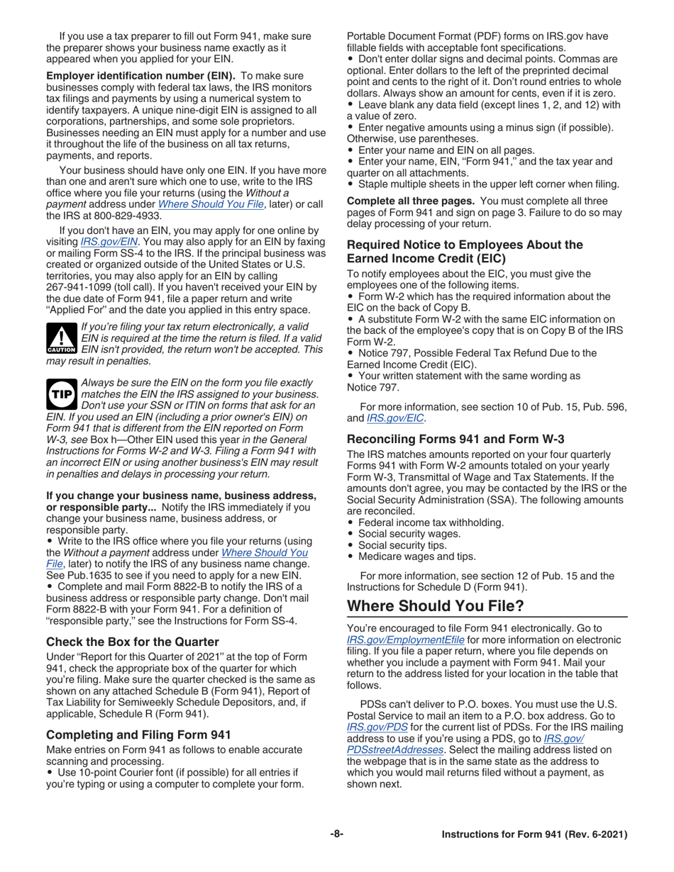 Instructions for IRS Form 941 Employers Quarterly Federal Tax Return, Page 8