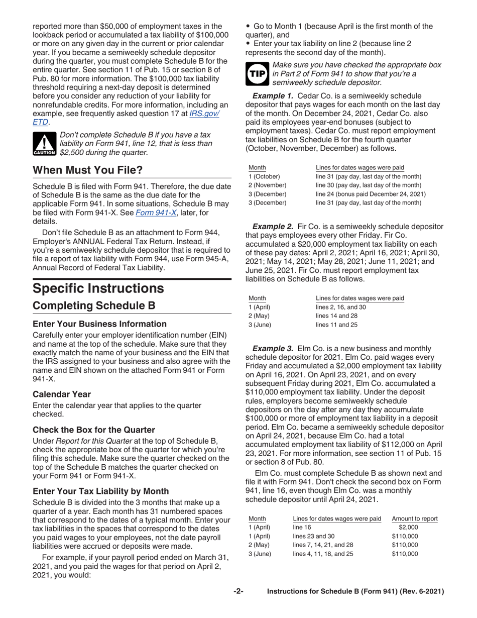 Instructions for IRS Form 941 Schedule B Report of Tax Liability for Semiweekly Schedule Depositors, Page 2