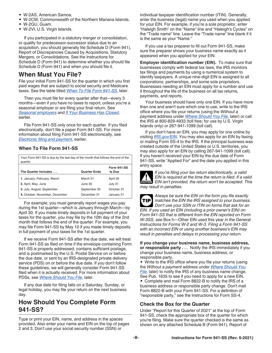 Instructions for IRS Form 941-SS Employers Quarterly Federal Tax Return - American Samoa, Guam, the Commonwealth of the Northern Mariana Islands, and the U.S. Virgin Islands, Page 8