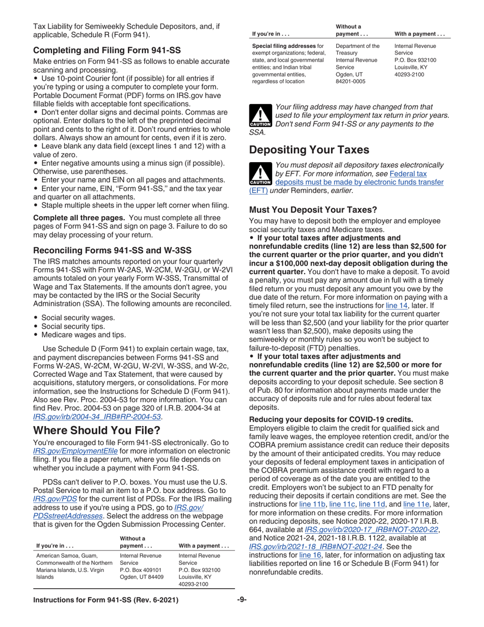 Instructions for IRS Form 941-SS Employers Quarterly Federal Tax Return - American Samoa, Guam, the Commonwealth of the Northern Mariana Islands, and the U.S. Virgin Islands, Page 9