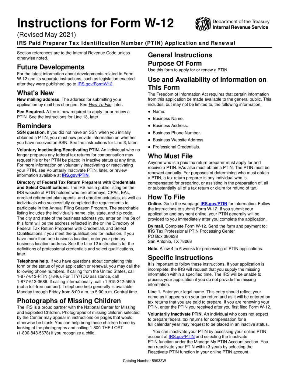 Download Instructions for IRS Form W12 IRS Paid Preparer Tax