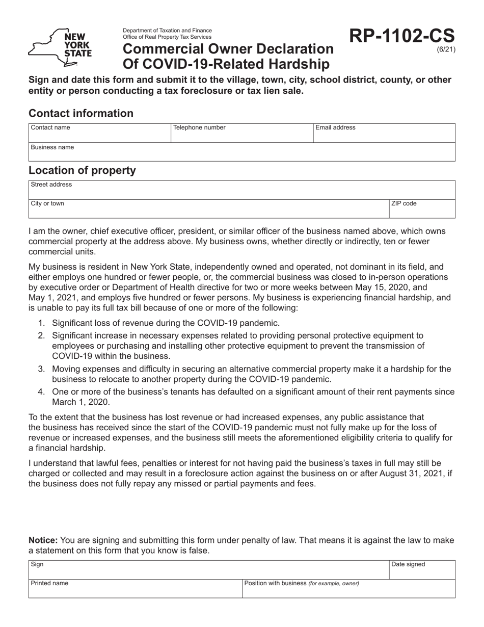 Form RP-1102-CS Commercial Owner Declaration of Covid-19-related Hardship - New York, Page 1