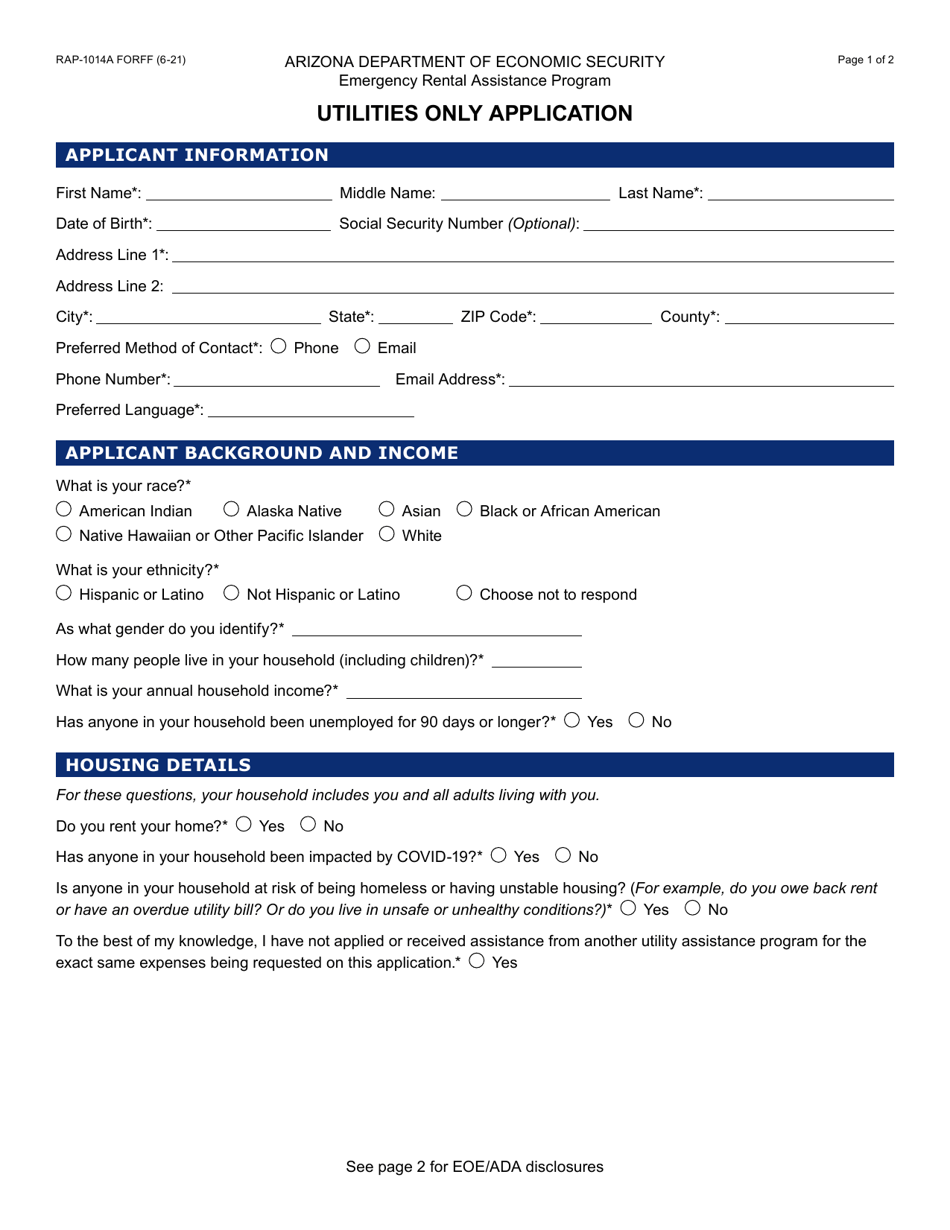 Form RAP-1014A Emergency Rental Assistance Program Utilities Only Application - Arizona, Page 1