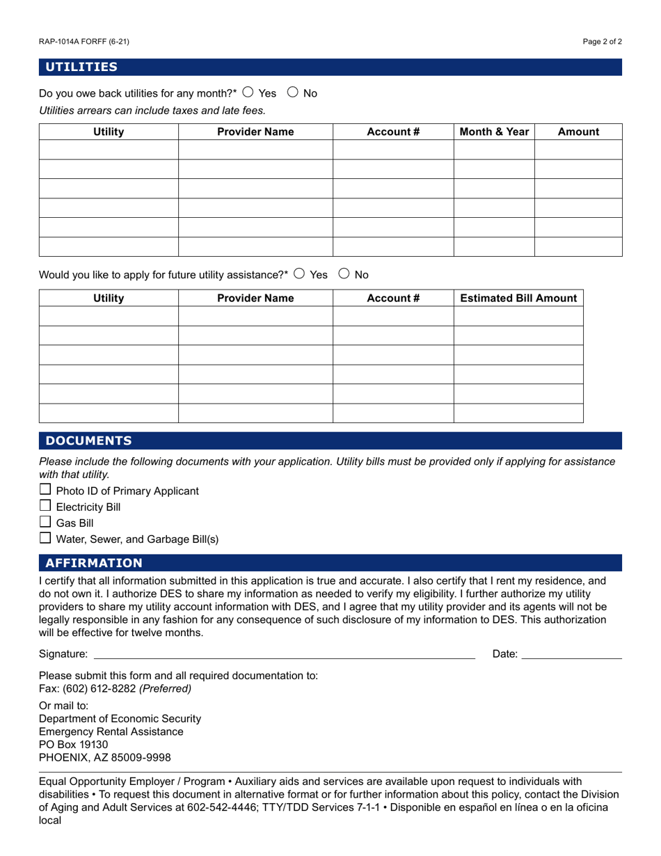 Form RAP-1014A Emergency Rental Assistance Program Utilities Only Application - Arizona, Page 2