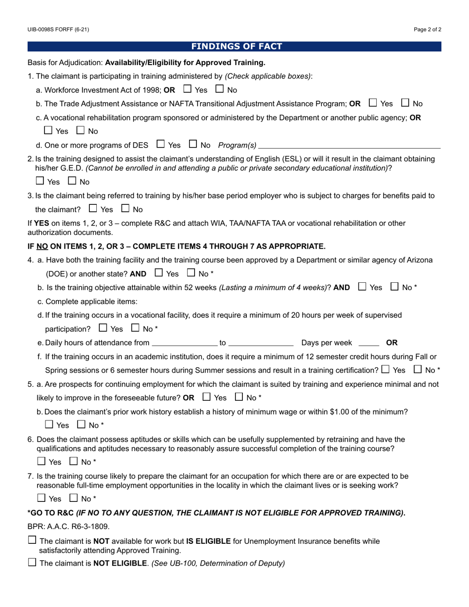 Form UIB-0098S Training Certification and Eligibility Investigation Record - Arizona, Page 2