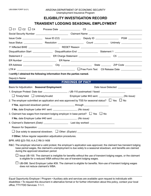 Form UIB-0098K Eligibility Investigation Record - Transient Lodging Seasonal Employment - Arizona