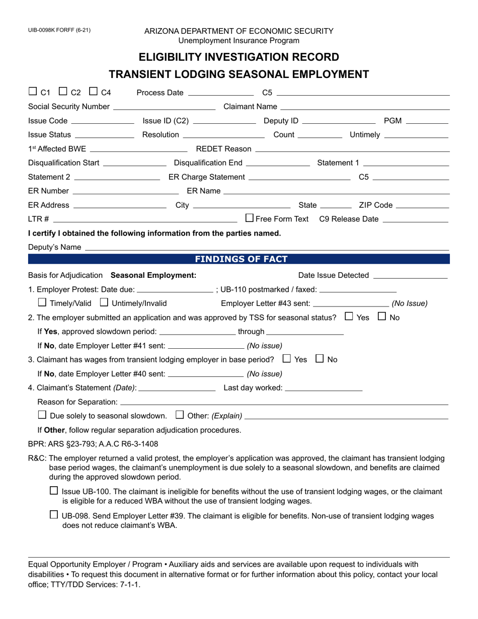 Form UIB-0098K Eligibility Investigation Record - Transient Lodging Seasonal Employment - Arizona, Page 1