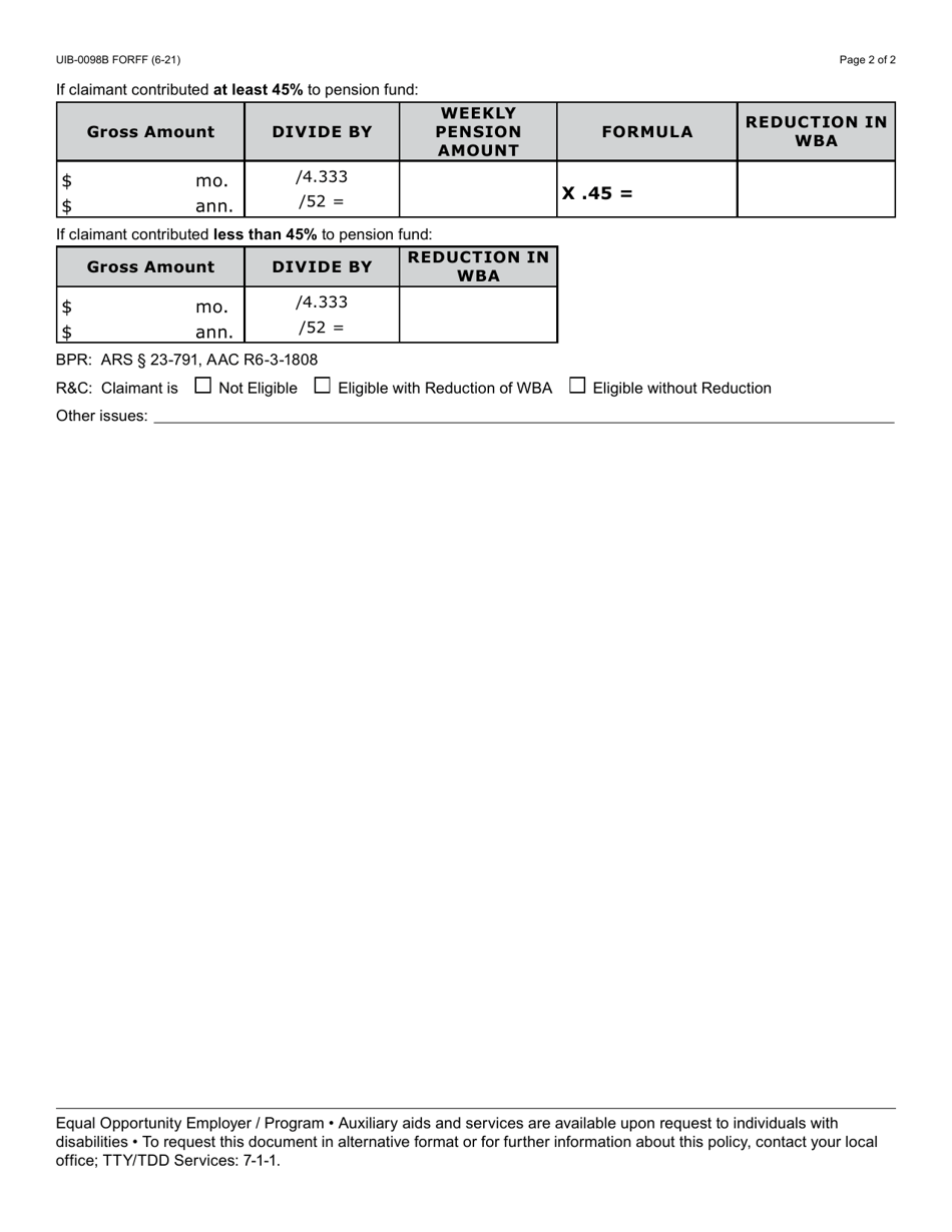 Form UIB-0098B Eligibility Investigation Record - Pension - Arizona, Page 2