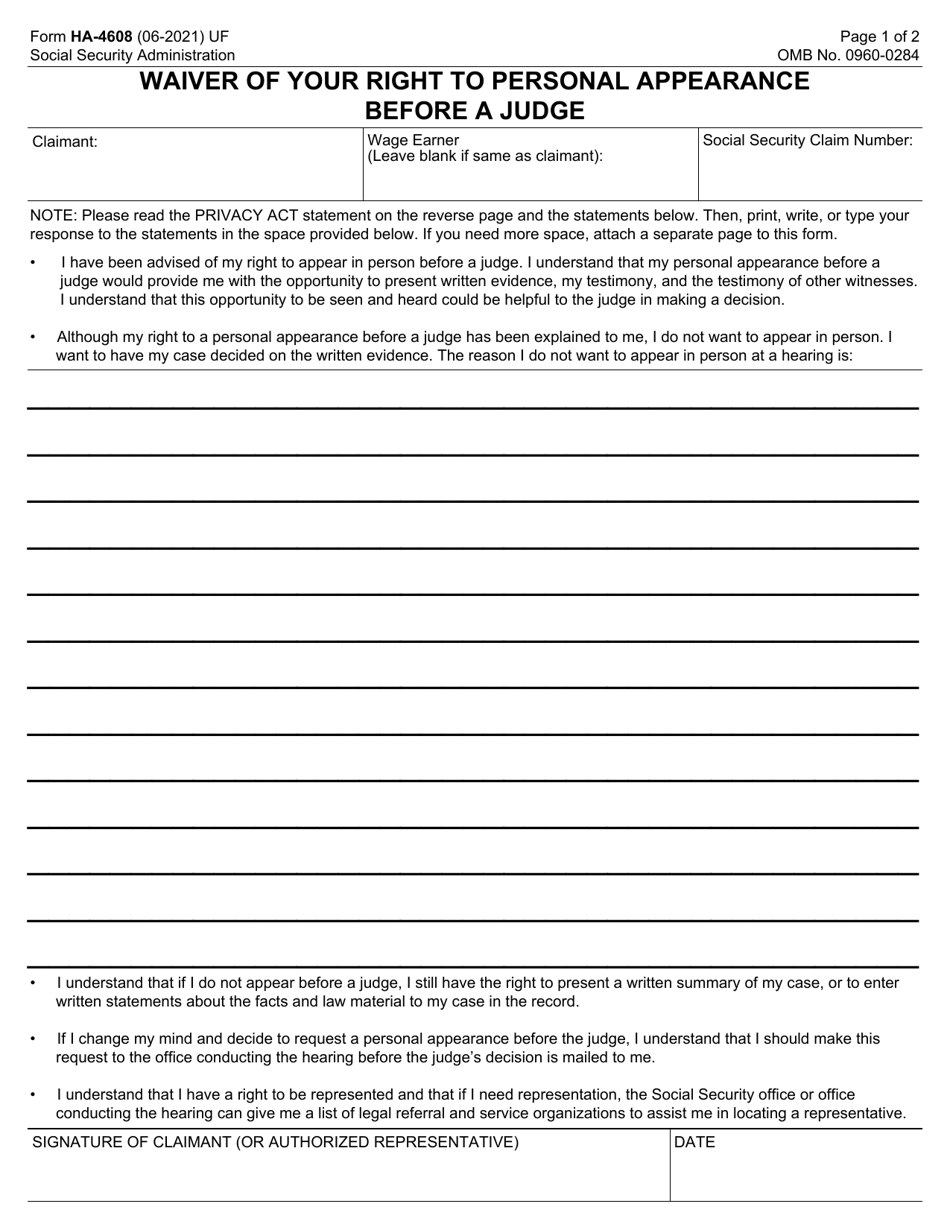Form HA-4608 Waiver of Your Right to Personal Appearance Before a Judge, Page 1