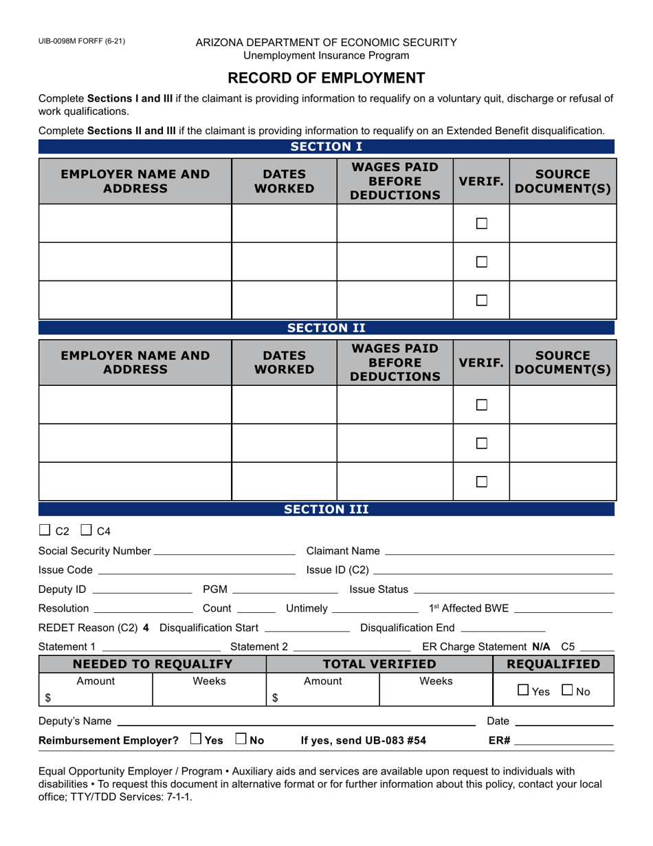 Form UIB-0098M Record of Employment - Arizona, Page 1