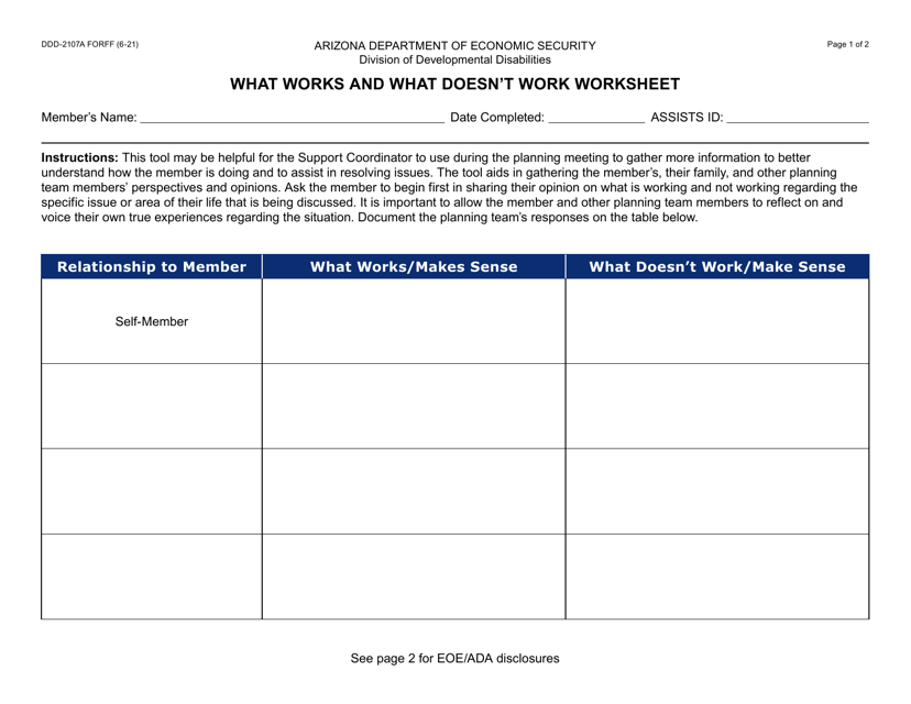 Form DDD-2107A What Works and What Doesn't Work Worksheet - Arizona