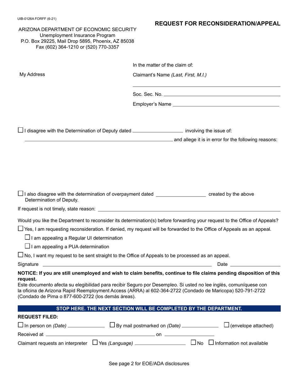 Form UIB-0126A Request for Reconsideration / Appeal - Arizona, Page 1