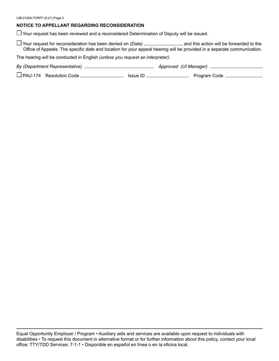 Form UIB-0126A Request for Reconsideration / Appeal - Arizona, Page 2