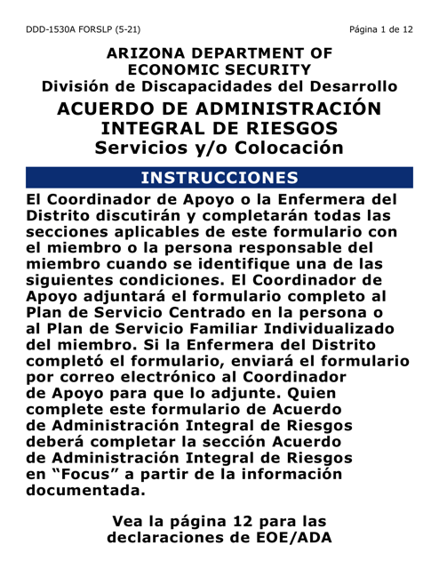 Formulario DDD-1530A-SLP Acuerdo De Administracion Integral De Riesgos Servicios Y/O Colocacion (Letra Grande) - Arizona (Spanish)
