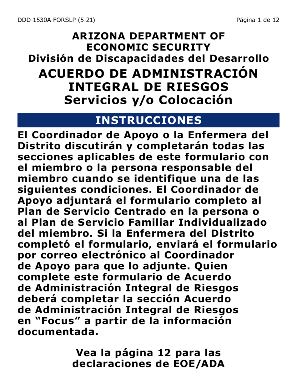 Formulario DDD-1530A-SLP Acuerdo De Administracion Integral De Riesgos Servicios Y / O Colocacion (Letra Grande) - Arizona (Spanish), Page 1