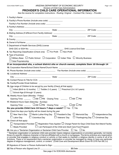 Form CCA-0100A  Printable Pdf