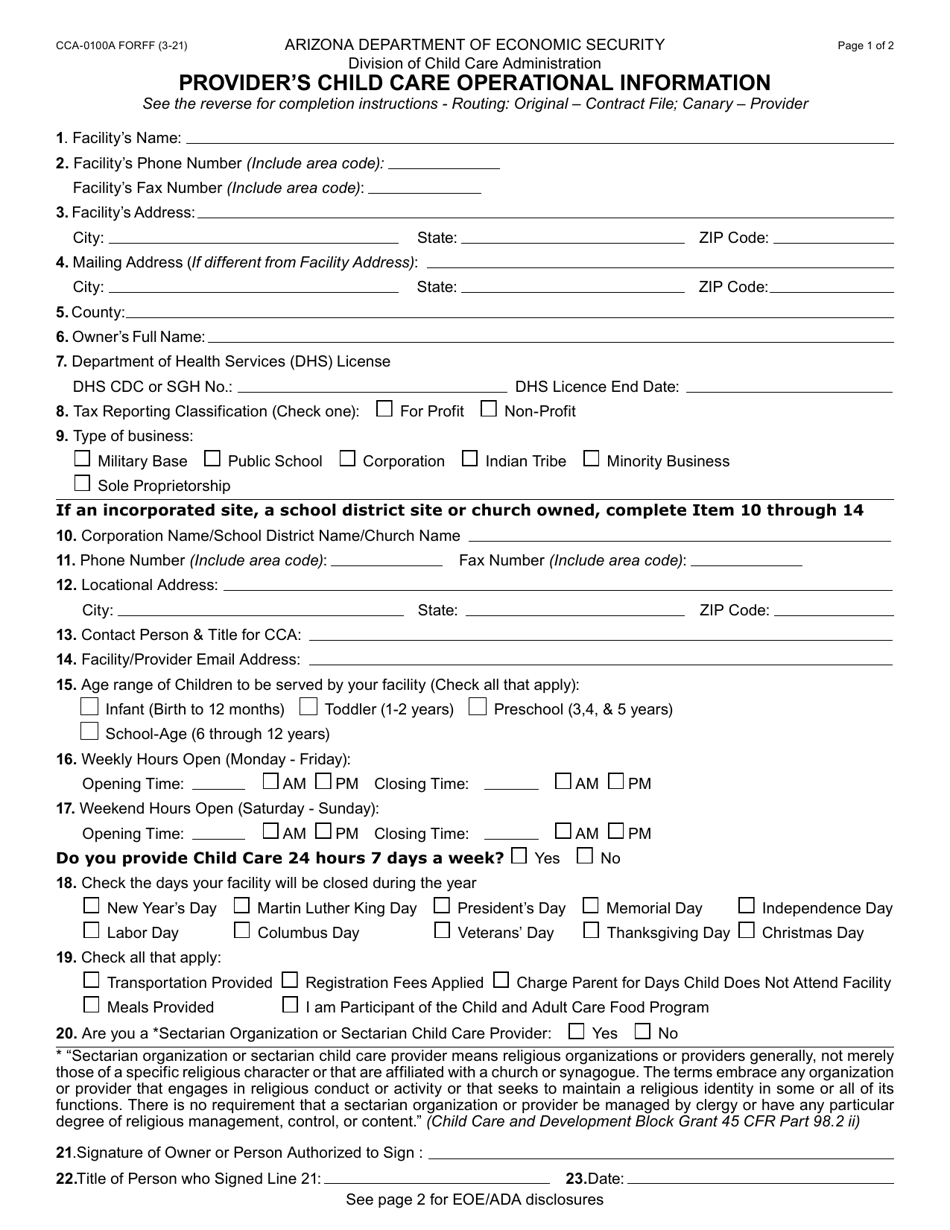 Form CCA-0100A Providers Child Care Operational Information - Arizona, Page 1