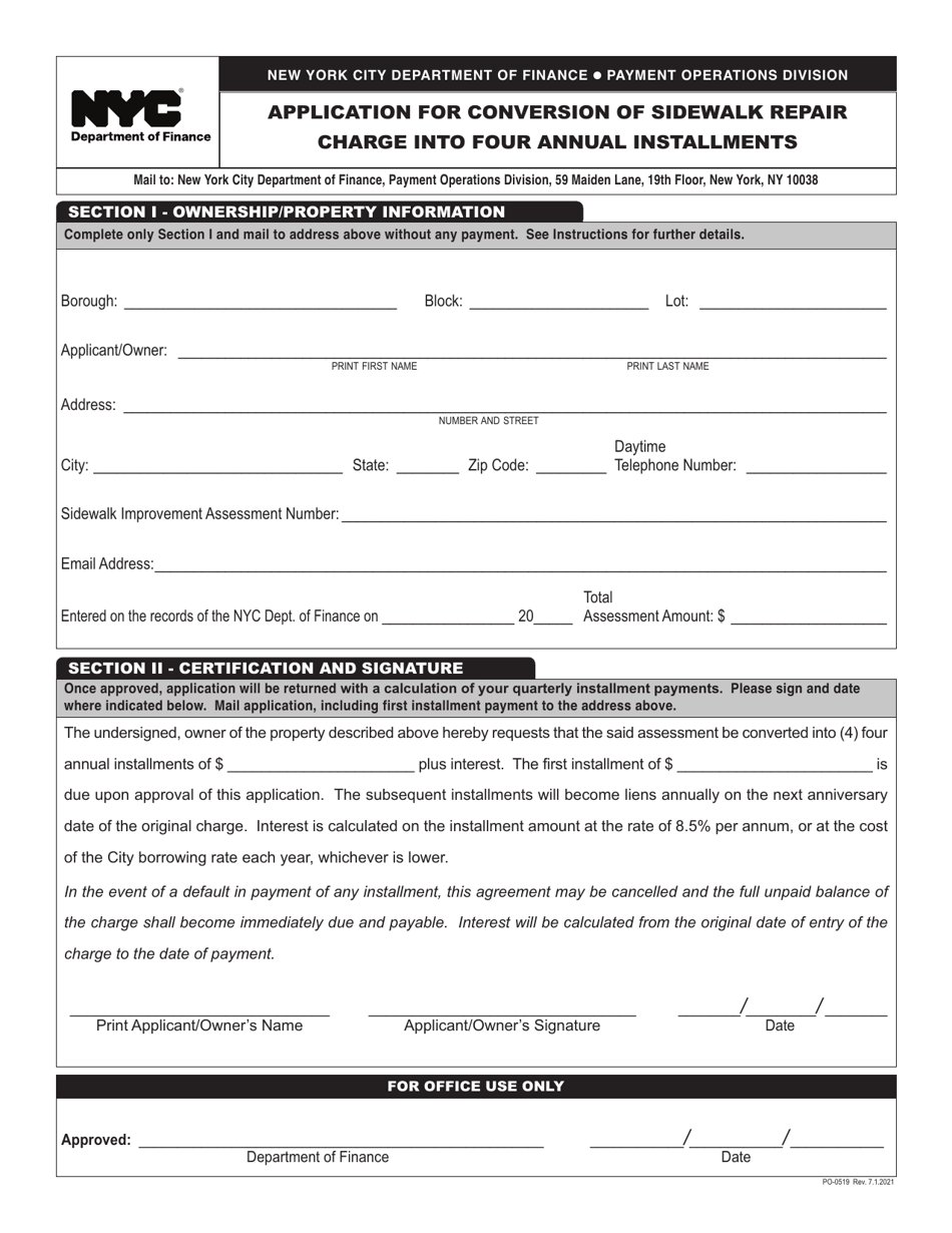Form PO-0519 Application for Conversion of Sidewalk Repair Charge Into Four Annual Installments - New York City, Page 1