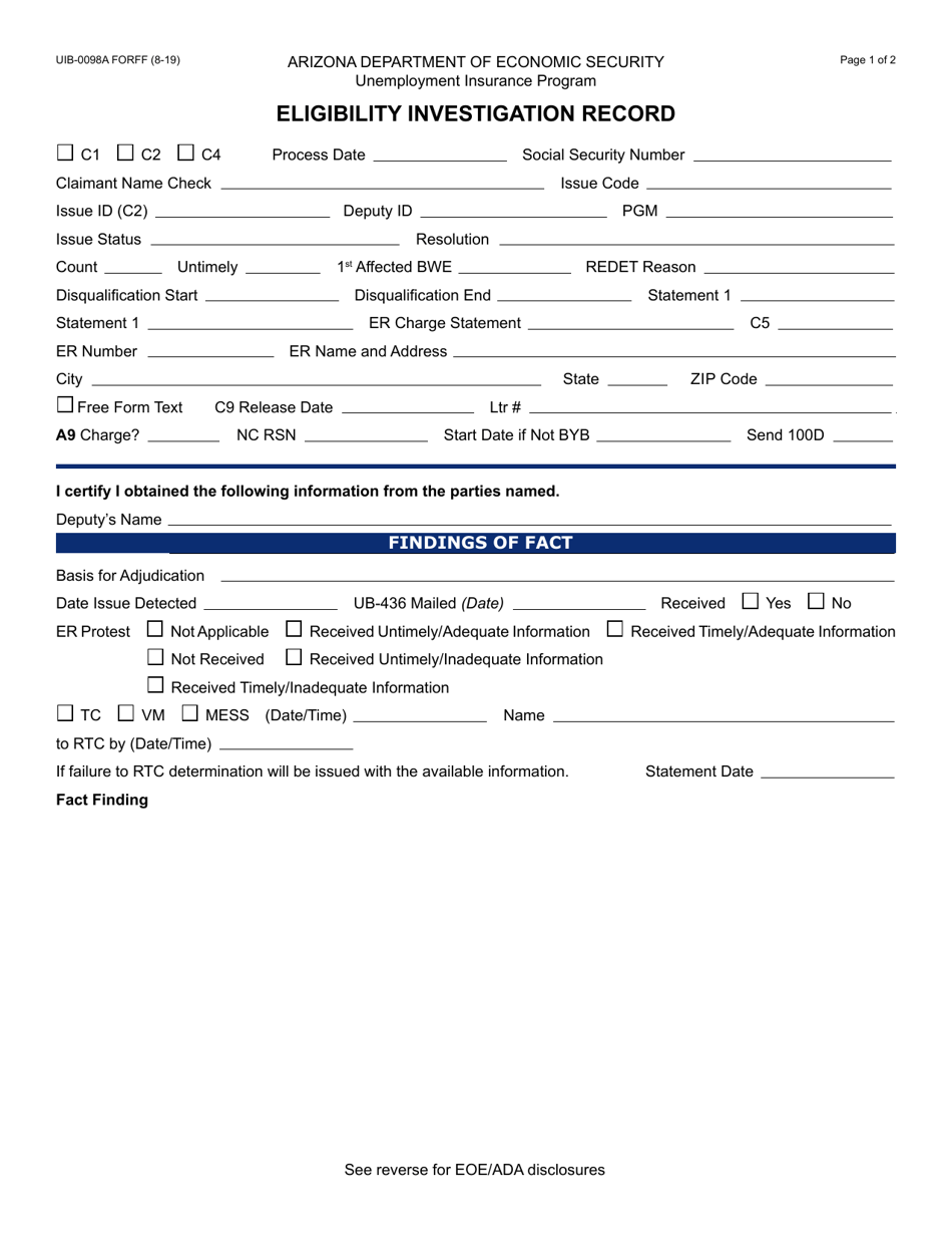Form UIB-0098A Eligibility Investigation Record - Arizona, Page 1