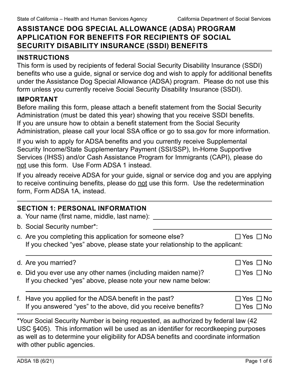 Form ADSA1B Assistance Dog Special Allowance (Adsa) Program Application for Benefits for Recipients of Social Security Disability Insurance (Ssdi) Benefits - California, Page 1