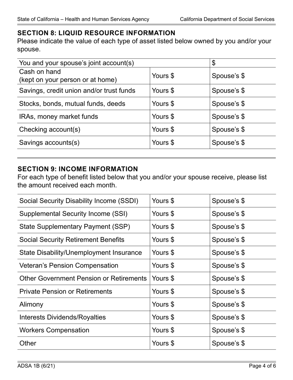 Form ADSA1B Assistance Dog Special Allowance (Adsa) Program Application for Benefits for Recipients of Social Security Disability Insurance (Ssdi) Benefits - California, Page 4