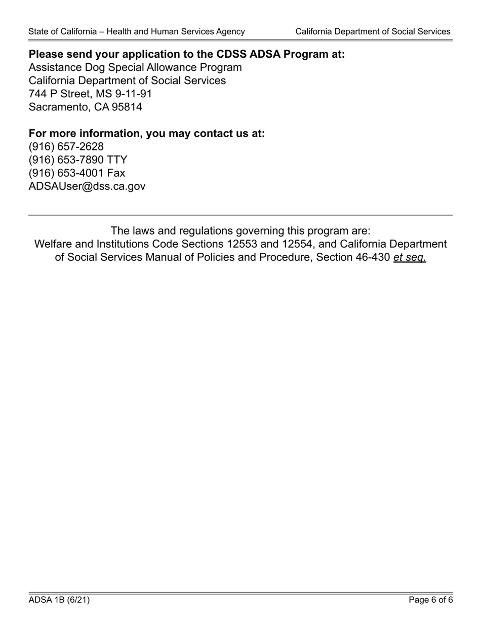 Form ADSA1B Assistance Dog Special Allowance (Adsa) Program Application for Benefits for Recipients of Social Security Disability Insurance (Ssdi) Benefits - California, Page 6