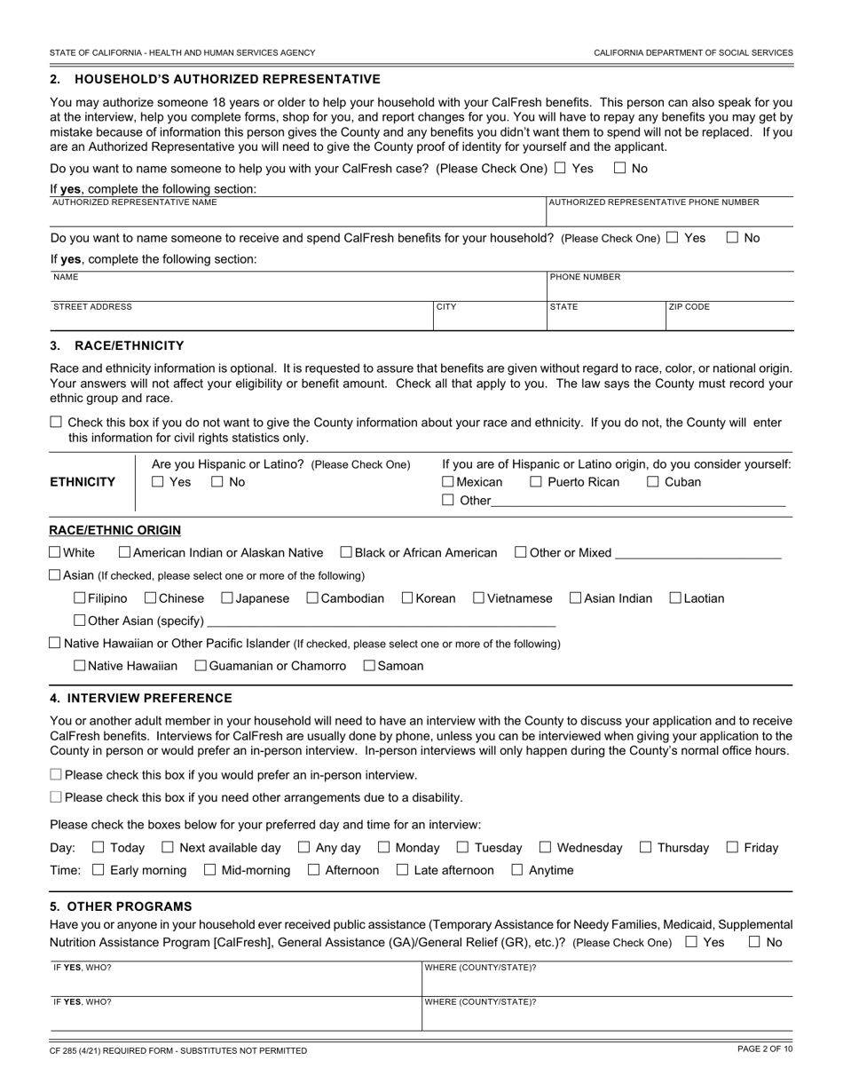 Form CF285 Application for CalFresh Benefits - California, Page 10