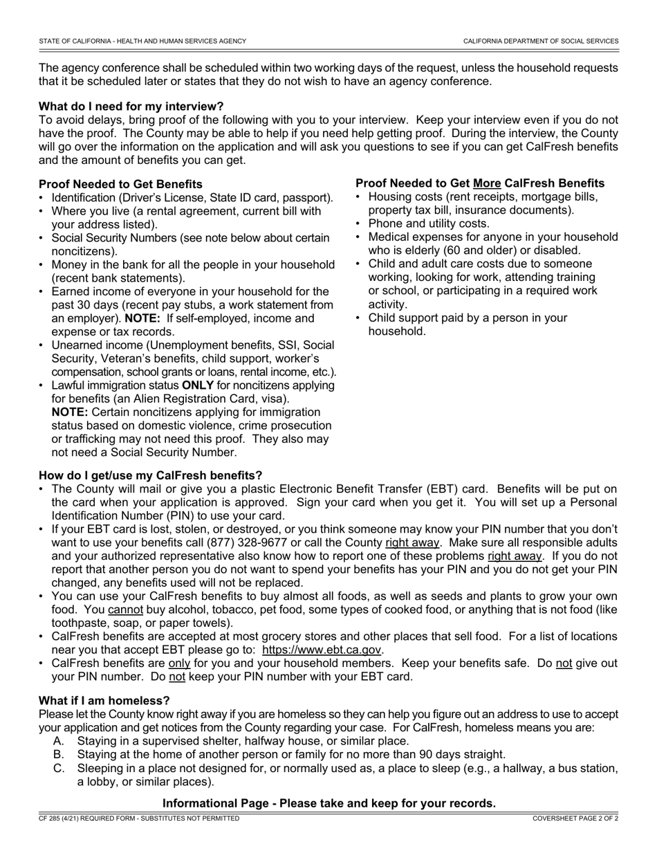 Form CF285 Application for CalFresh Benefits - California, Page 2