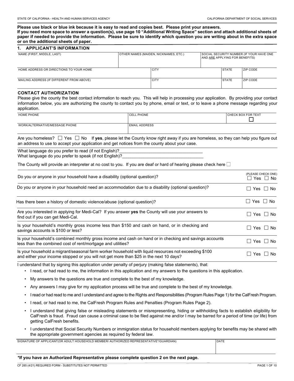 Form CF285 Application for CalFresh Benefits - California, Page 9