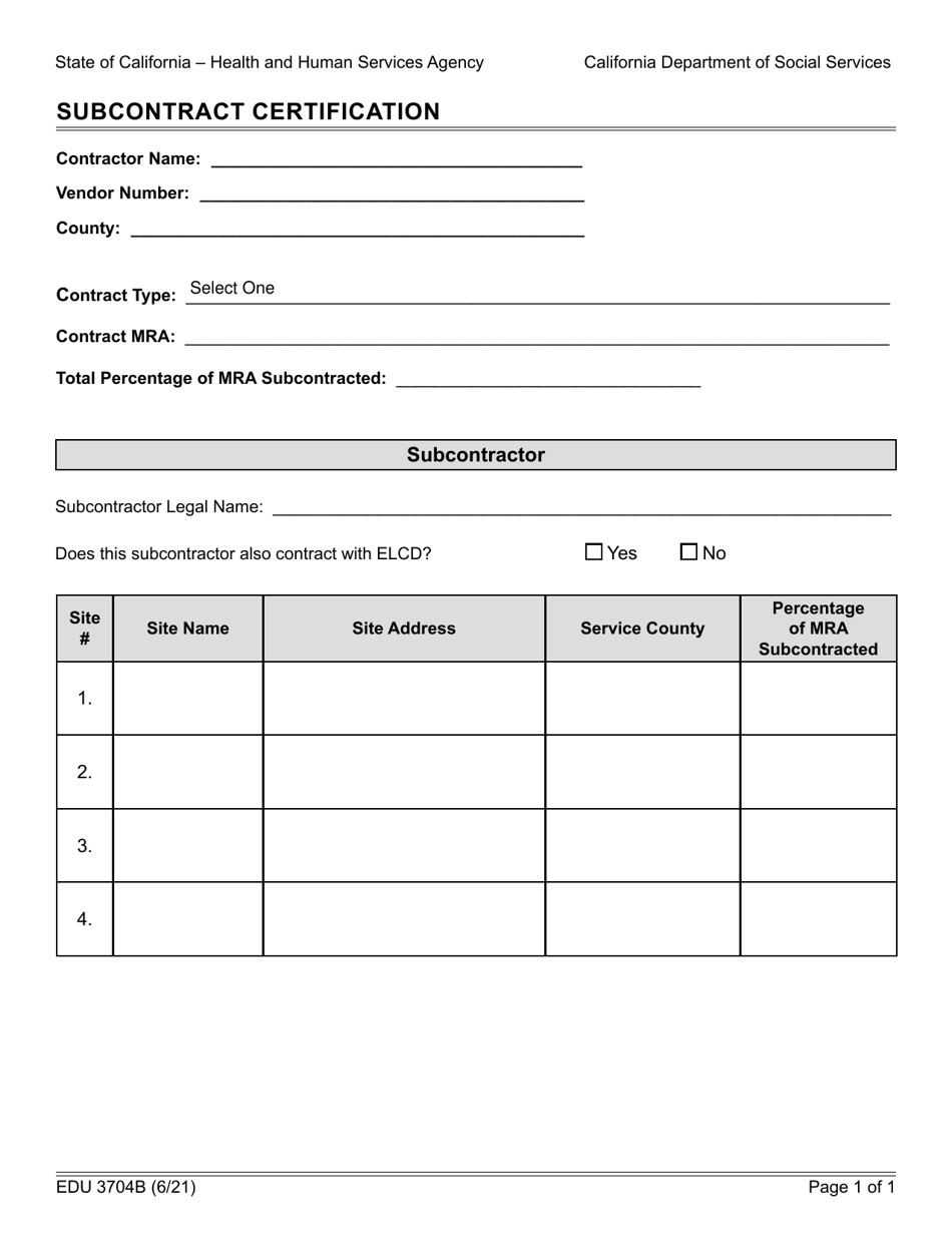 Form EDU3704B Subcontract Certification - California, Page 1