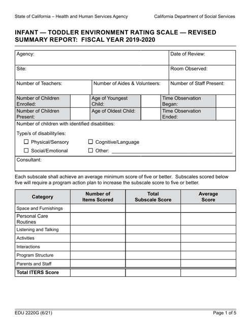 Form EDU2220G Infant - Toddler Environment Rating Scale - Revised Summary Report - California, 2020