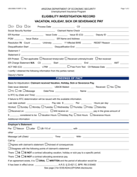 Form UIB-0098G Eligibility Investigation Record - Vacation, Holiday, Sick or Severance Pay - Arizona