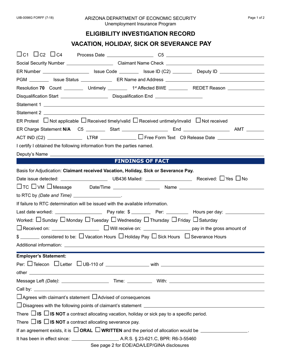 Form UIB-0098G Eligibility Investigation Record - Vacation, Holiday, Sick or Severance Pay - Arizona, Page 1