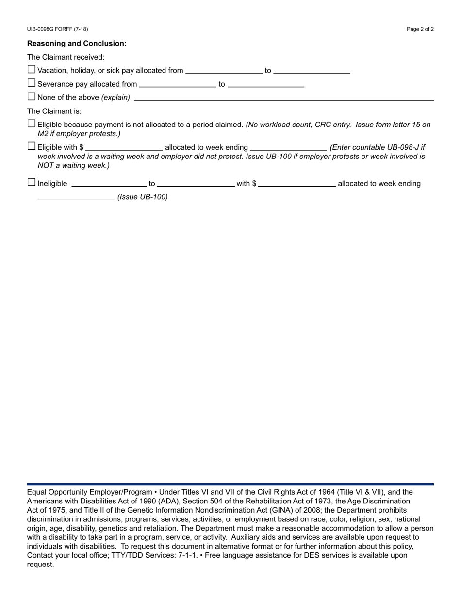 Form UIB-0098G Eligibility Investigation Record - Vacation, Holiday, Sick or Severance Pay - Arizona, Page 2