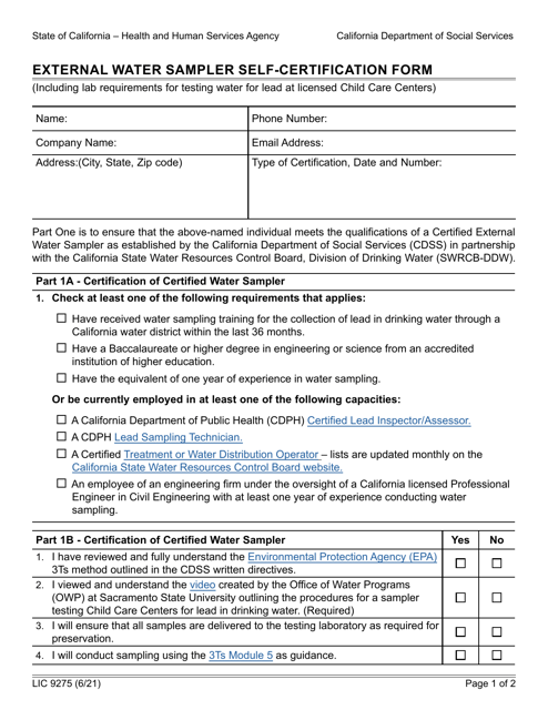 Form LIC9275 External Water Sampler Self-certification Form - California