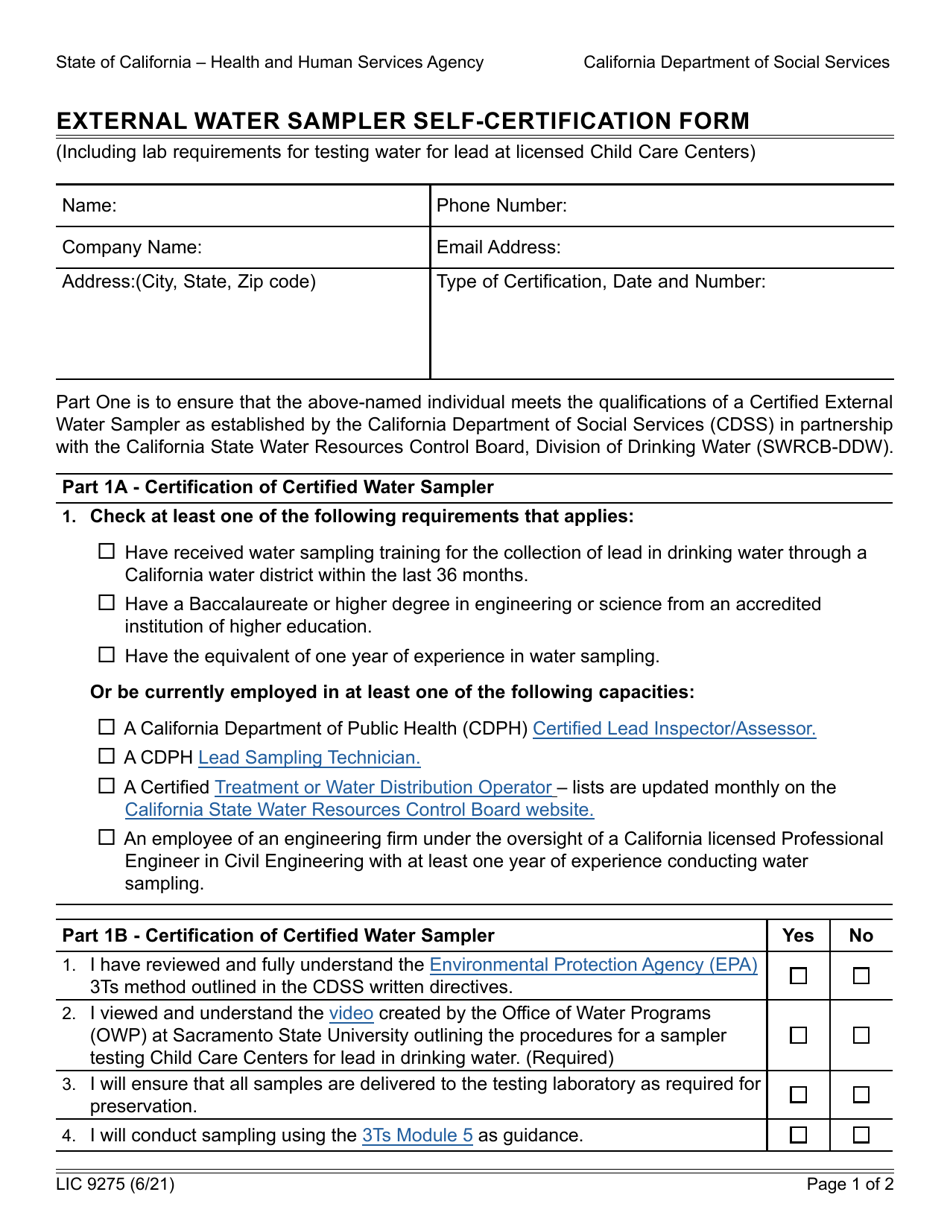 Form LIC9275 External Water Sampler Self-certification Form - California, Page 1