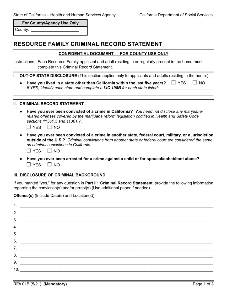 Form RFA01B Resource Family Criminal Record Statement - California, Page 1