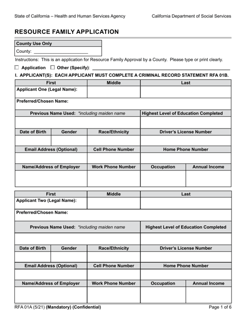 Form RFA01A  Printable Pdf