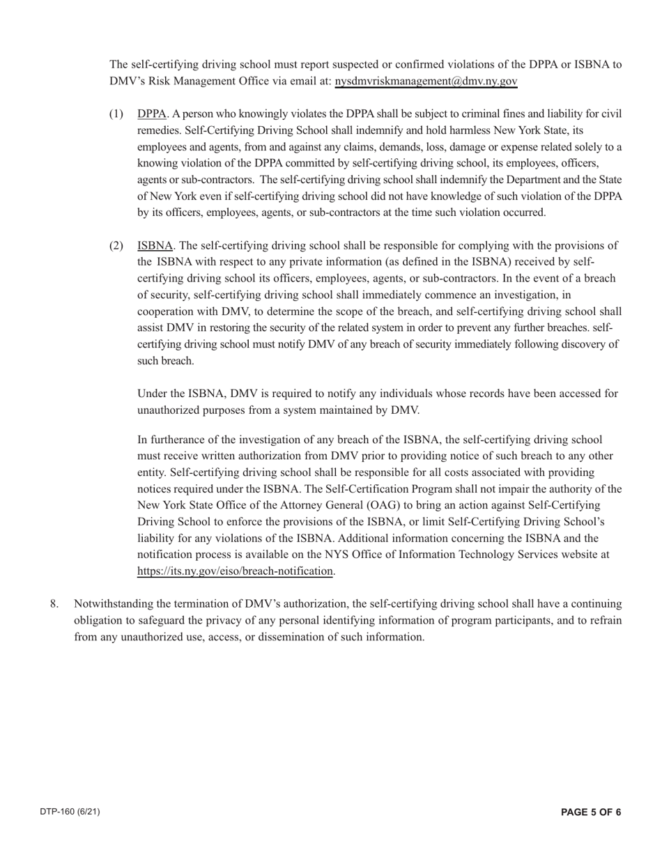 Form DTP-160 Driving School Application for Self-certification Program - New York, Page 5