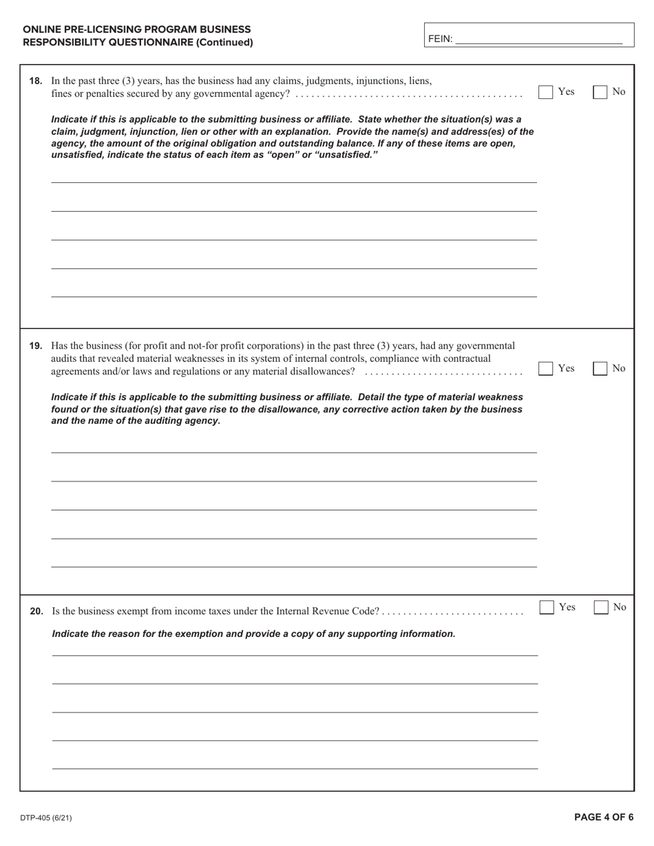 Form DTP-405 Online Pre-licensing Program Business Responsibility Questionnaire - New York, Page 4