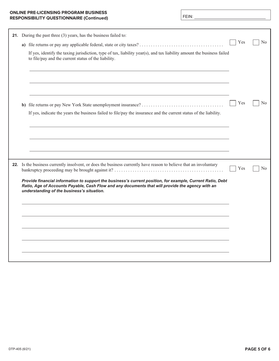 Form DTP-405 Online Pre-licensing Program Business Responsibility Questionnaire - New York, Page 5