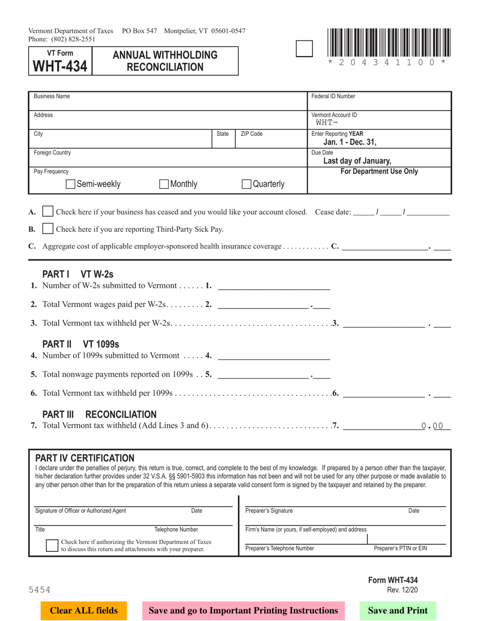 VT Form WHT-434 Annual Withholding Reconciliation - Vermont, Page 1