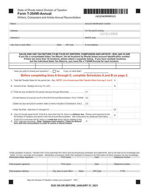 Form T-204W-ANNUAL 2020 Printable Pdf