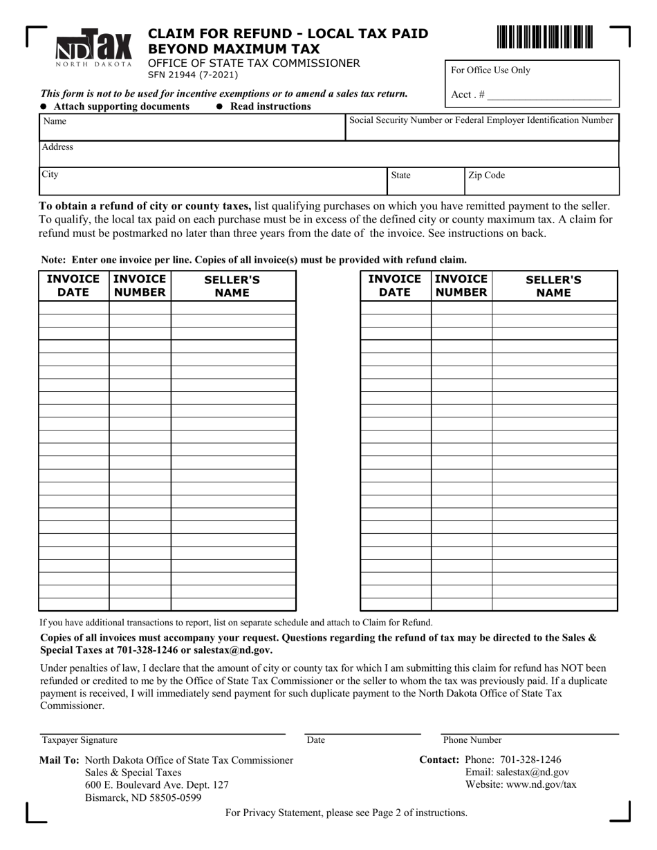 Form SFN21944 Claim for Refund - Local Tax Paid Beyond Maximum Tax - North Dakota, Page 1
