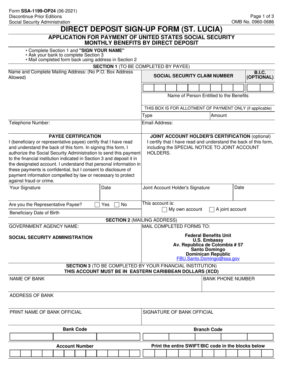 Form SSA-1199-OP24 Direct Deposit Sign-Up Form (St. Lucia), Page 1